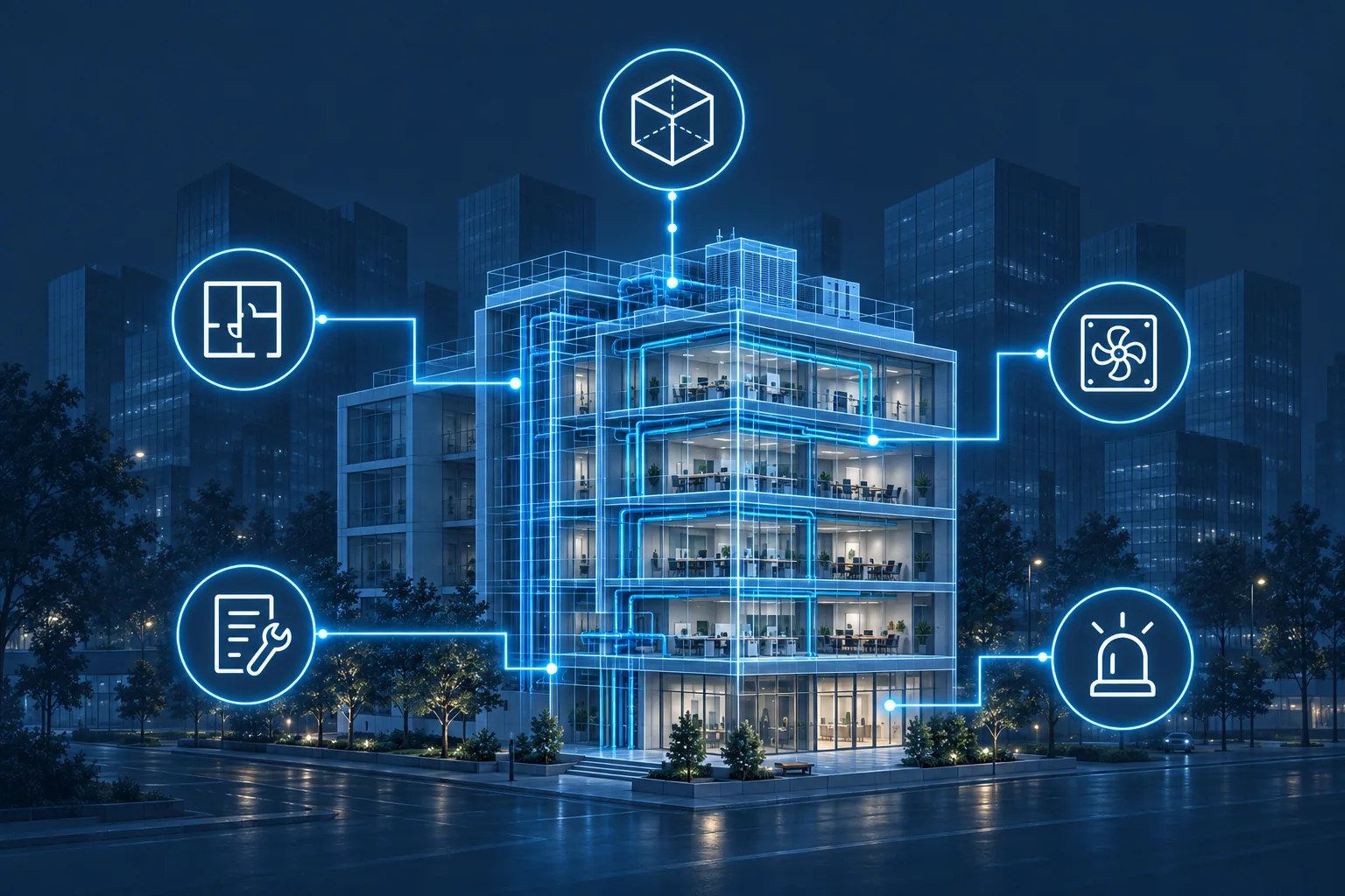 建筑背景上叠加BIM楼层线框、设备点位、告警和维护任务的数字孪生示意图
