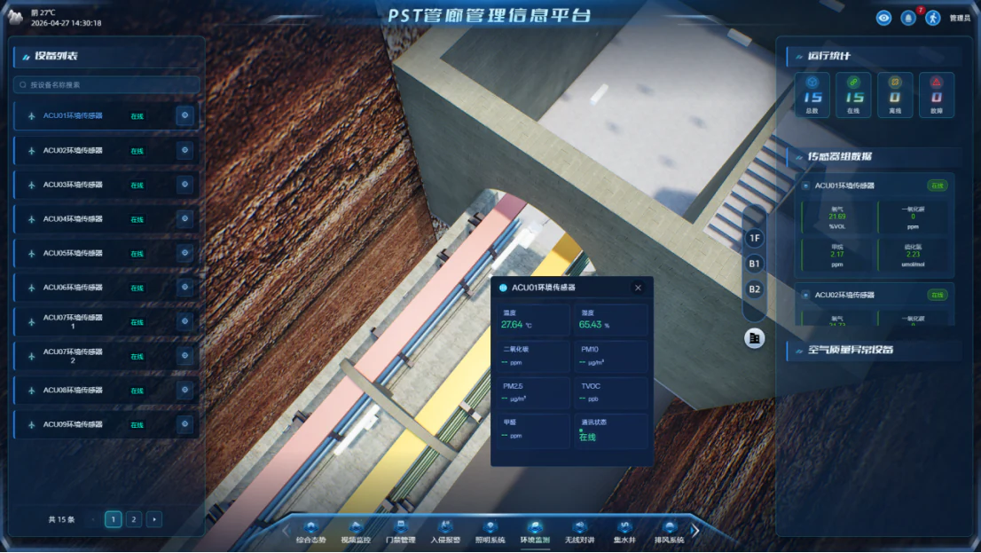 管廊三维定位与环境监测:完整界面及业务对象,现有产品界面资料 · 演示数据