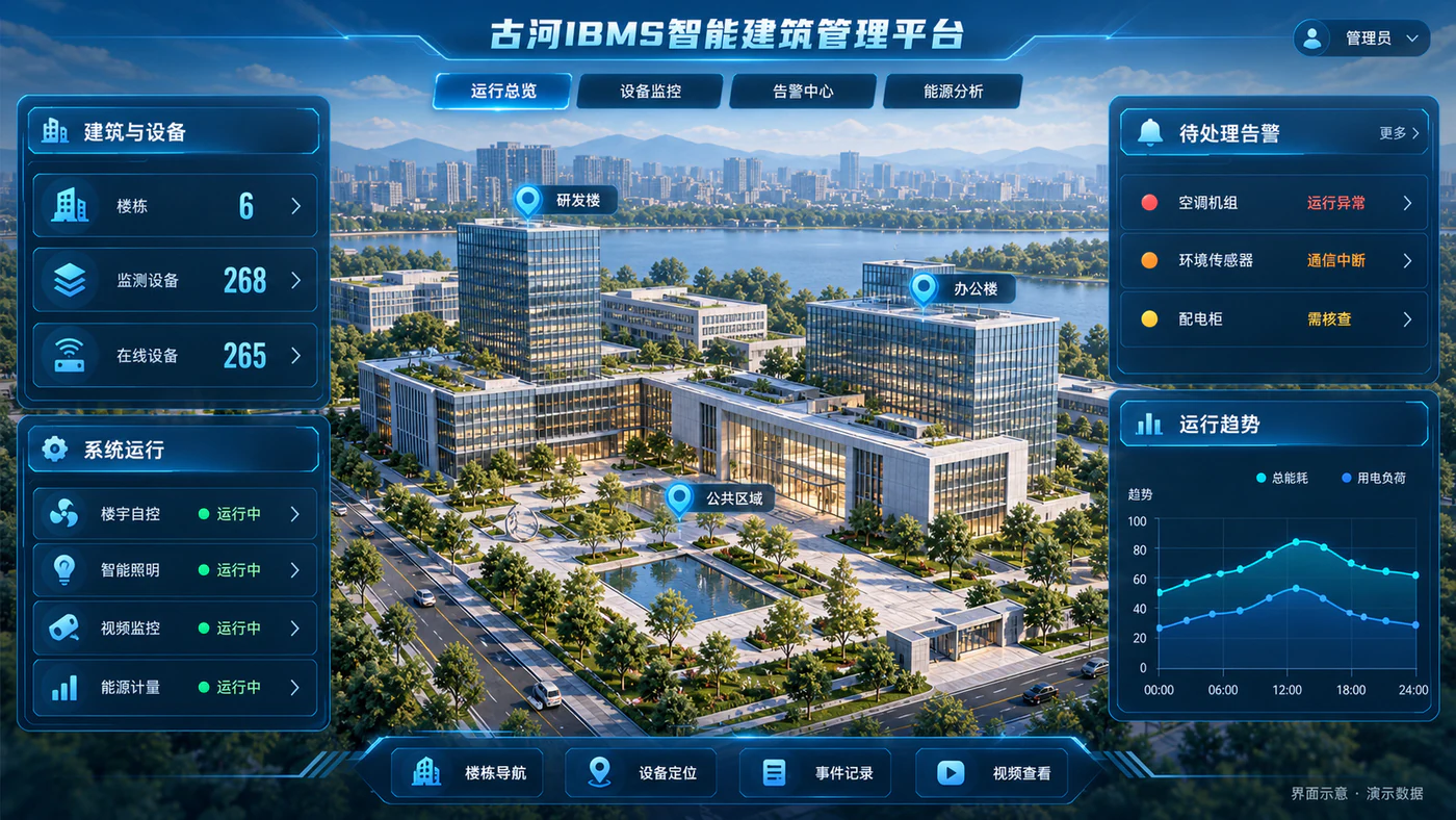 古河IBMS建筑运行总览设计示意：建筑空间、设备状态、告警与运行趋势